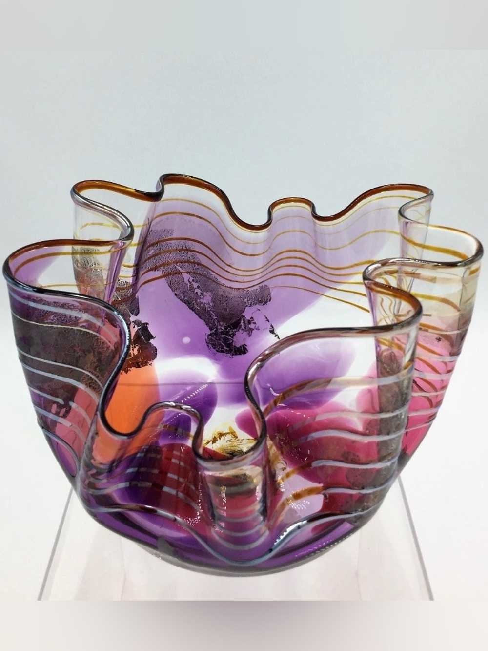 Vintage Scott & Laura Curry Hand Blown Handkerchief Abstract Art Glass Bowl 1